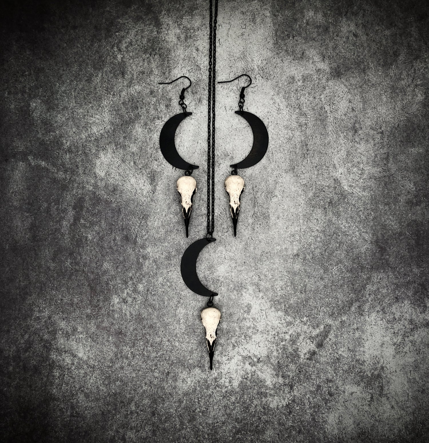 Crescent moon raven skull earrings bone jewelry moon phase bird skull necklace.