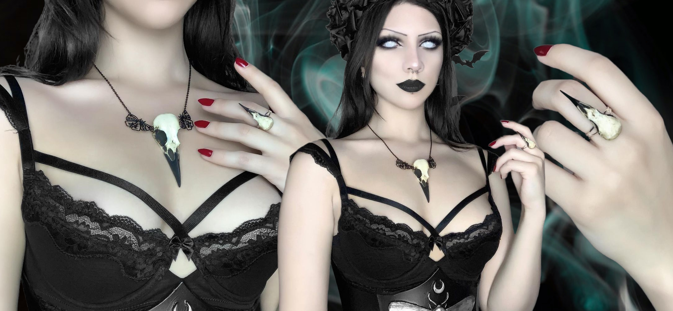 Luna goth girl wearing a celestial moth raven skull bone jewelry necklace with butterflies and crescent moons.