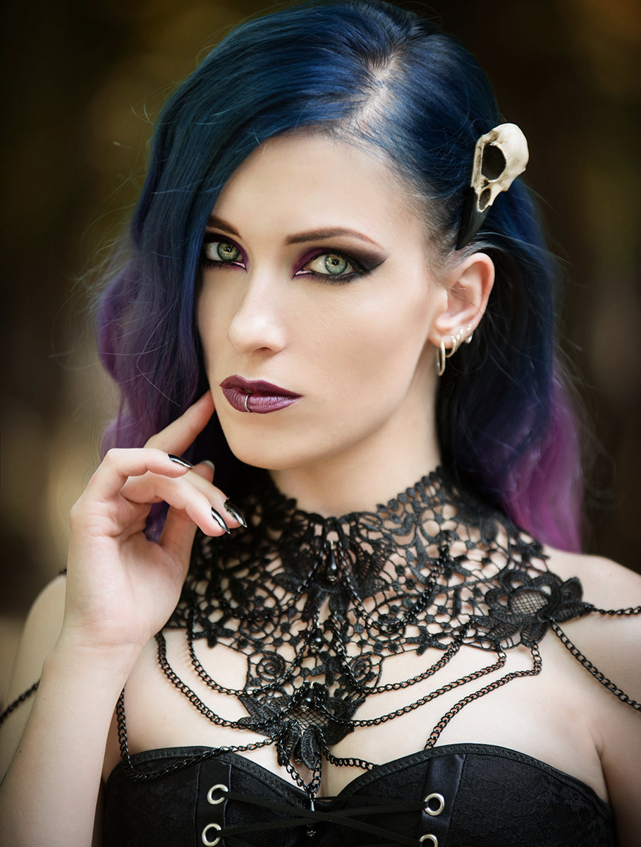 goth wedding hair alternative style bird skull magpie raven crow hair pin clip on blue and purple hair for halloween wedding
