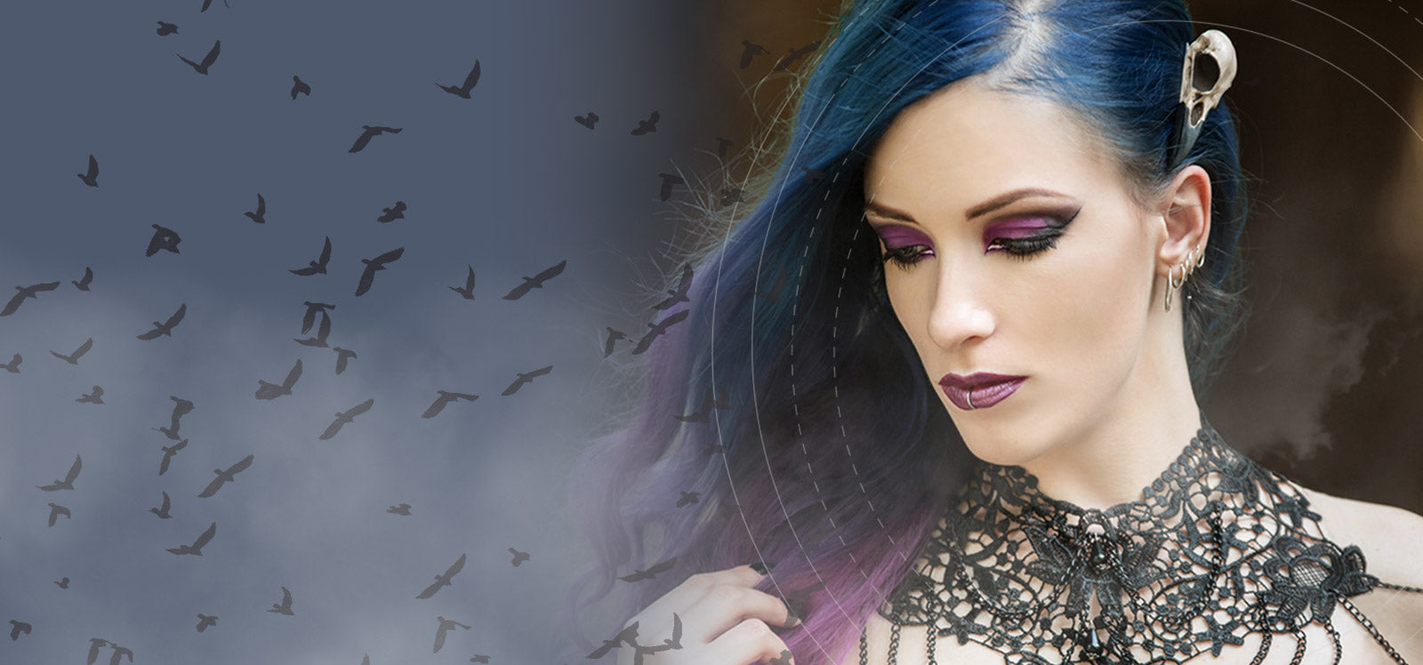 gothic model wearing bird skull hair decoration raven skull hairclip, bone jewelry hair clip.