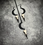 Bone jewelry necklace and dangle earring set of crescent waxing waning moon raven goth lunar skull charm and bird skull.