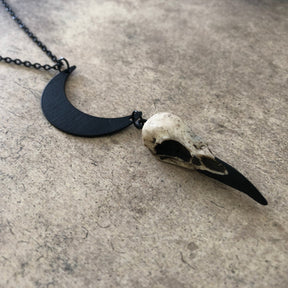 Crescent moon charm pendant and bone jewelry mini resin raven skull dangle pendant by a handmade artist making resin bird skulls.