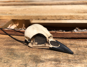 Right side view of a magpie crow skull necklace bird skull jewelry for witchy women, a creepy goth Halloween accessory.