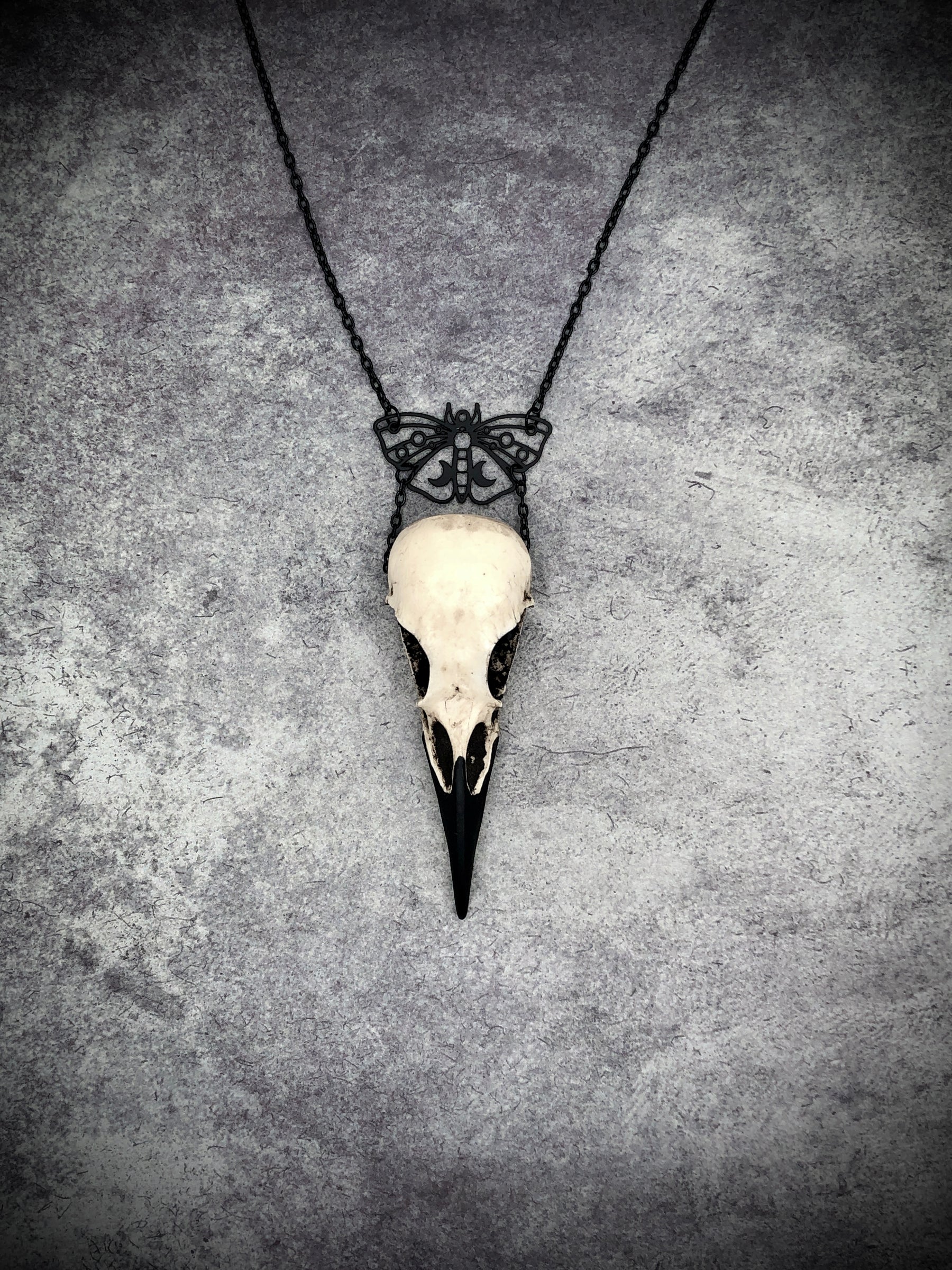 Woodland moth luna butterfly charm pendant and bone jewelry mini raven skull dangle pendant by artist making resin bird skulls.
