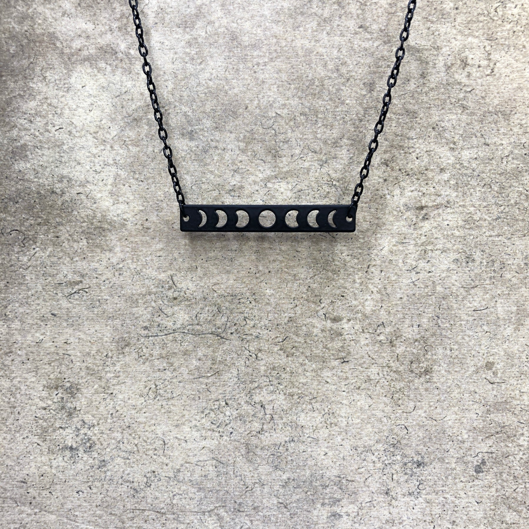Petite Black Moon Phase Horizontal Bar Necklace, Lunar Crescent Moon Jewelry Witch Goth Celestial Waxing, Waning, Full.