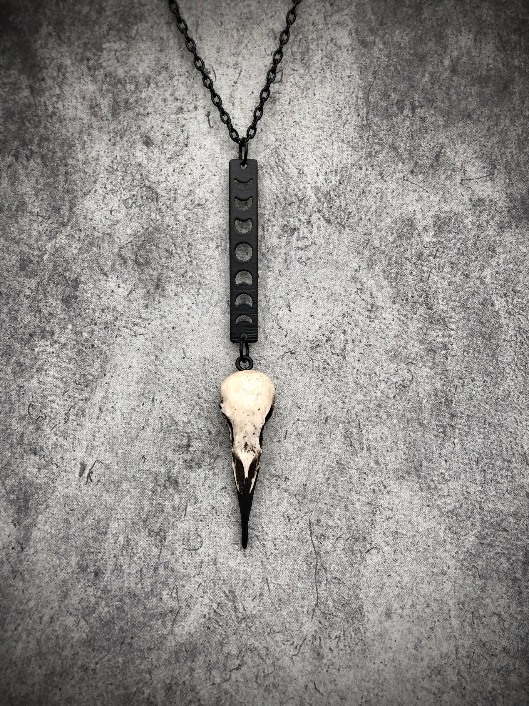 Phases of the Moon vertical bar charm pendant and bone jewelry mini resin raven bird skull dangle pendant.