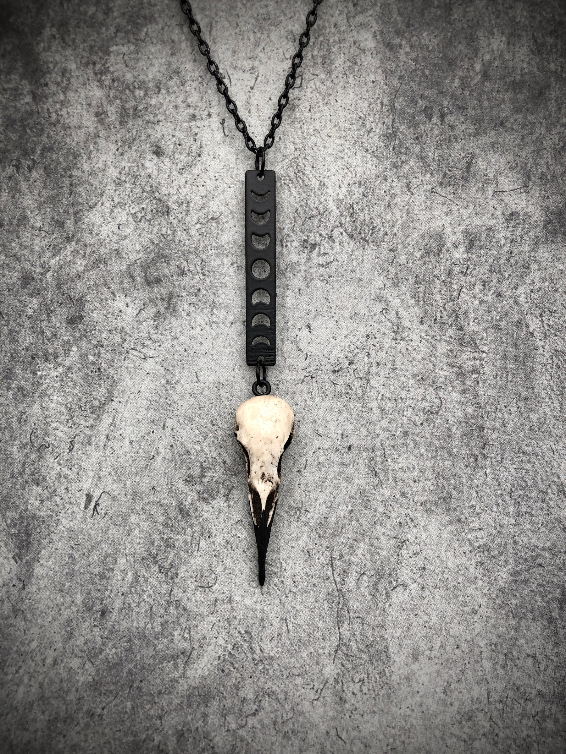Phases of the Moon vertical bar charm pendant and bone jewelry mini resin raven bird skull dangle pendant.