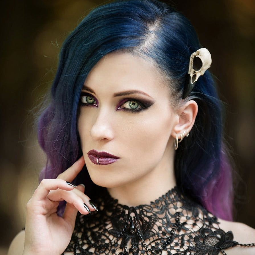 goth wedding hair alternative style bird skull magpie raven crow hair pin clip on blue and purple hair for halloween wedding