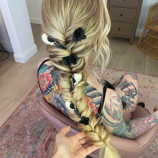 goth wedding hair alternative style bird skull magpie raven crow hair pin clip worn by tattooed bride