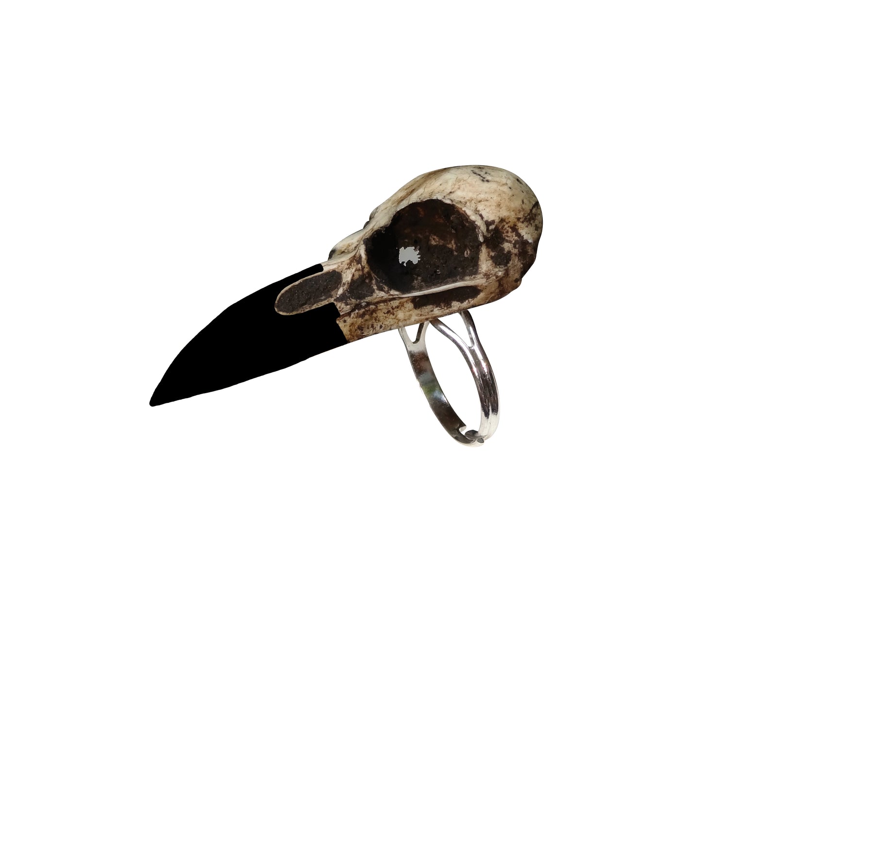 Resin raven skull creepy ring with an aged patina finish by replica bone jewelry brand Raven Ranch Studio.