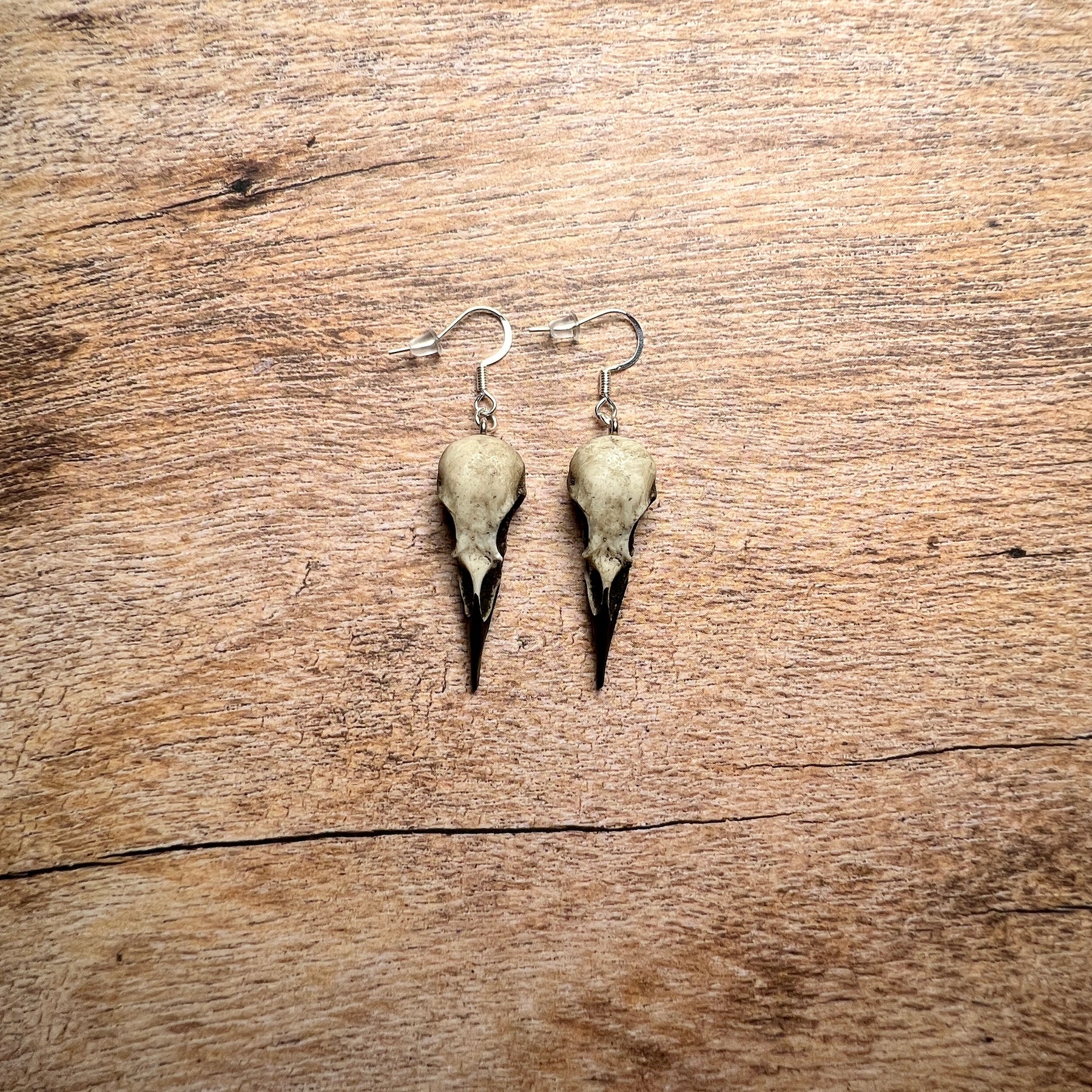 Close up of raven skull dangle earring bird skulls, mini charms tiny resin gothic woodland jewelry by Raven Ranch Studio.