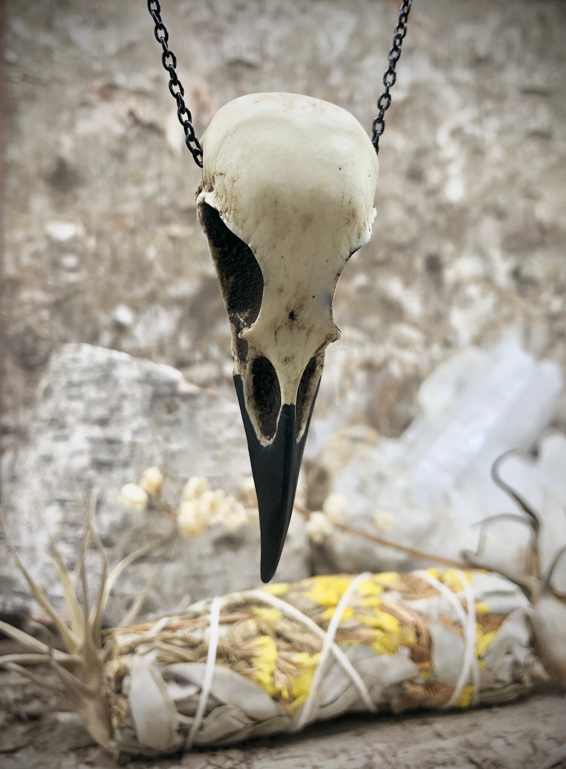 Hanging view of a handmade resin raven skull necklace bird skull bone jewelry pendant for gothic witchy style men or women.