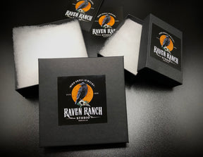 Raven Ranch Studio branded gift boxes that hold raven skull earrings, bone jewelry, viking pendants and bird skull jewelry.