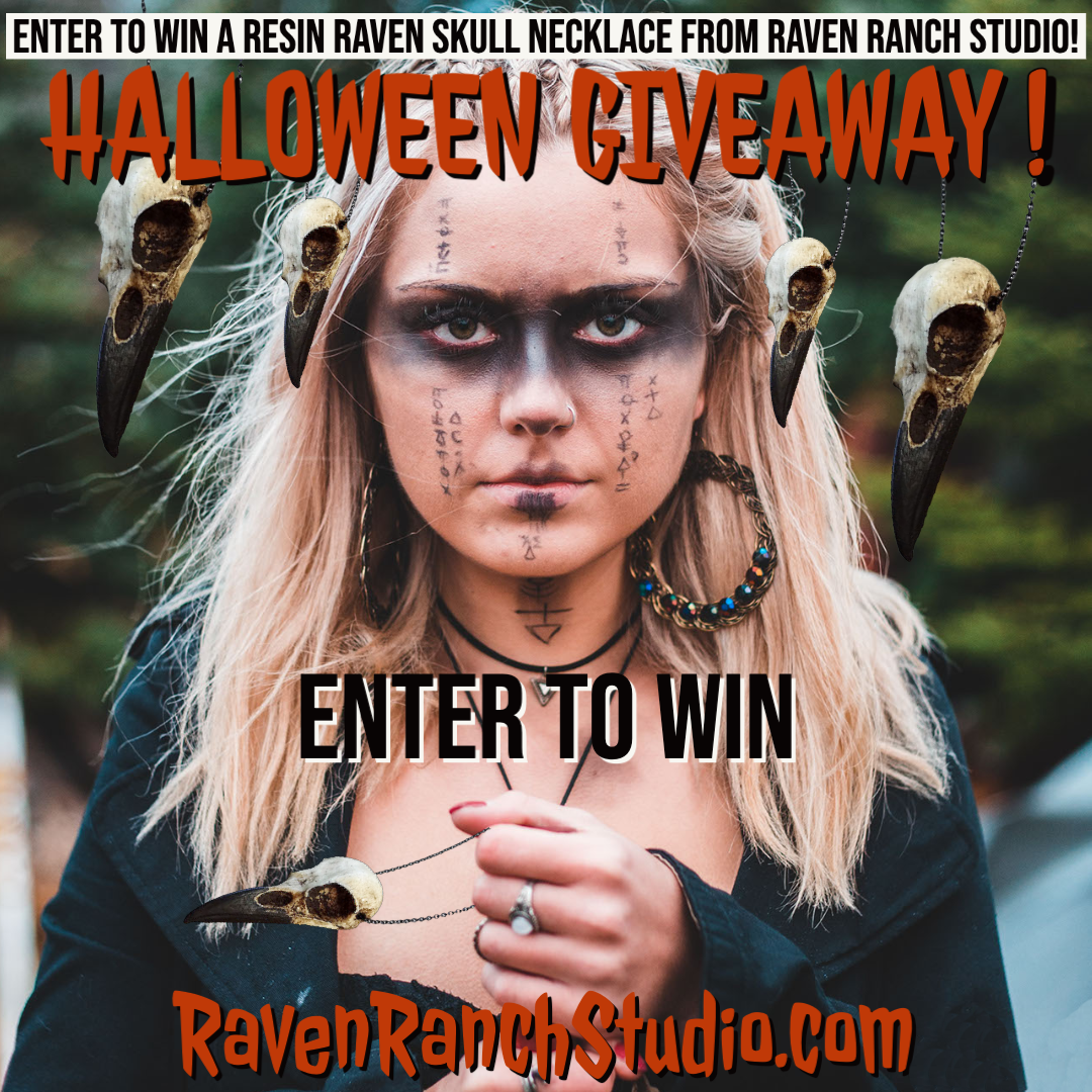 Halloween skull necklace giveaway. Raven skull necklace enter to win.