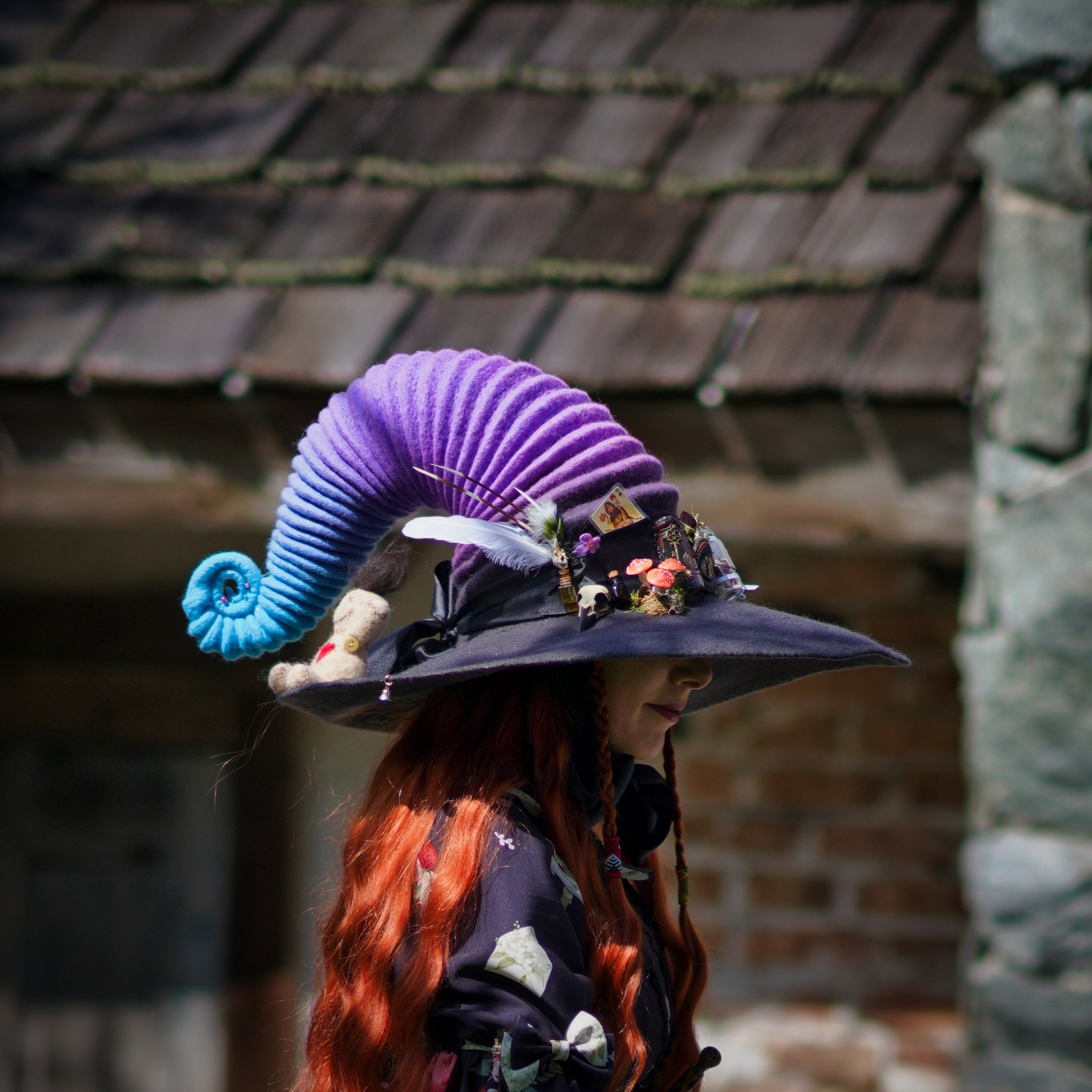 Raven Skull Hat Pin Brooch Pin worn on purple witch hat