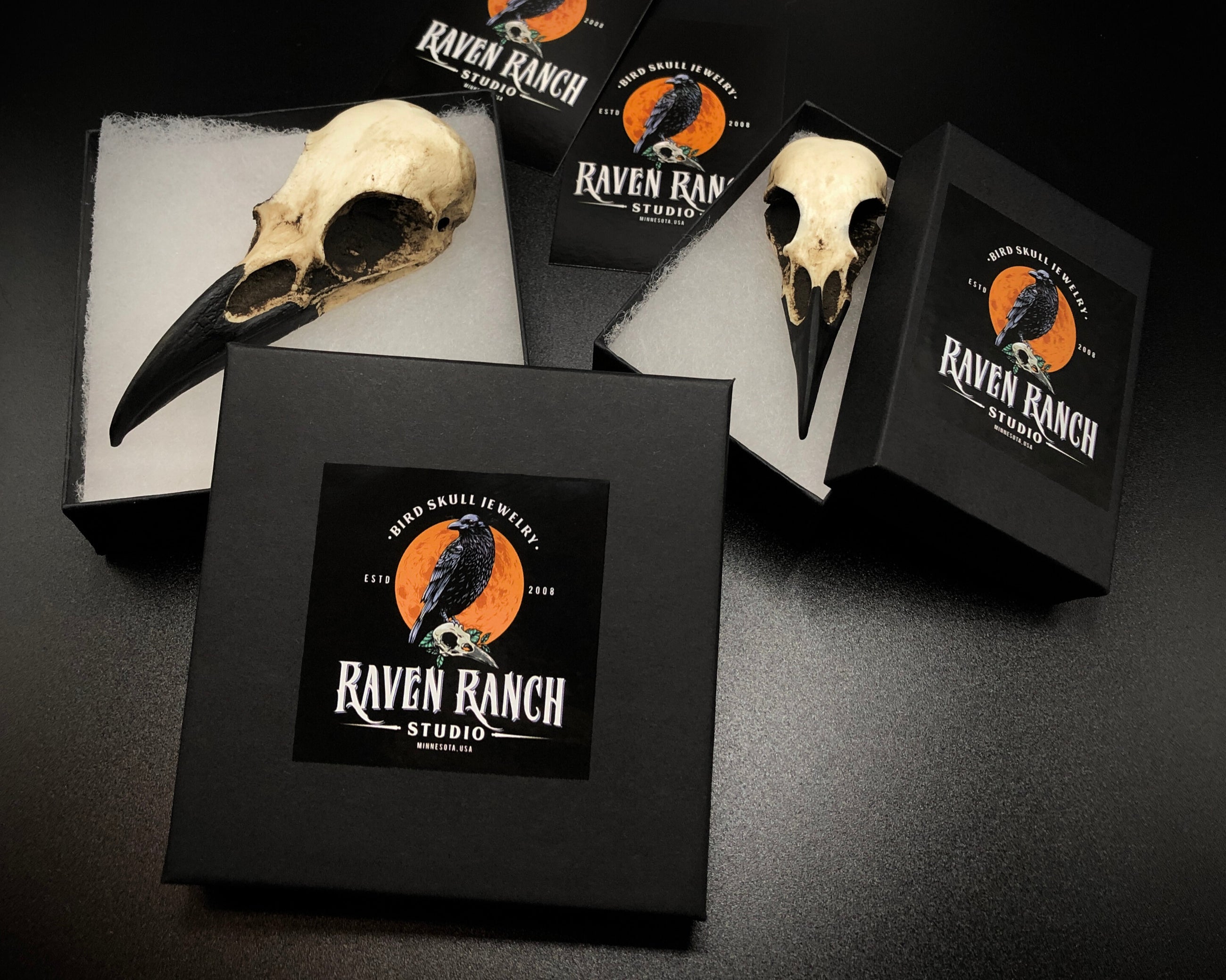 Gift ideas for goths showing raven skull necklaces in gift boxes