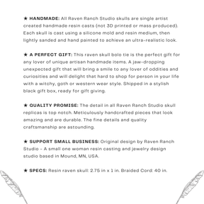 An infographic for a a raven skull western bolo tie also known as a bola tie, string tie, or cowboy tie with a resin bird skull and braided cord made by Raven Ranch Studio.