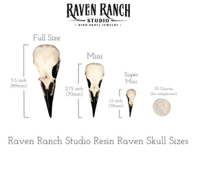 Raven Ranch Studio bird skull jewelry size chart showing small medium and large raven skull necklaces and goth bone jewelry.