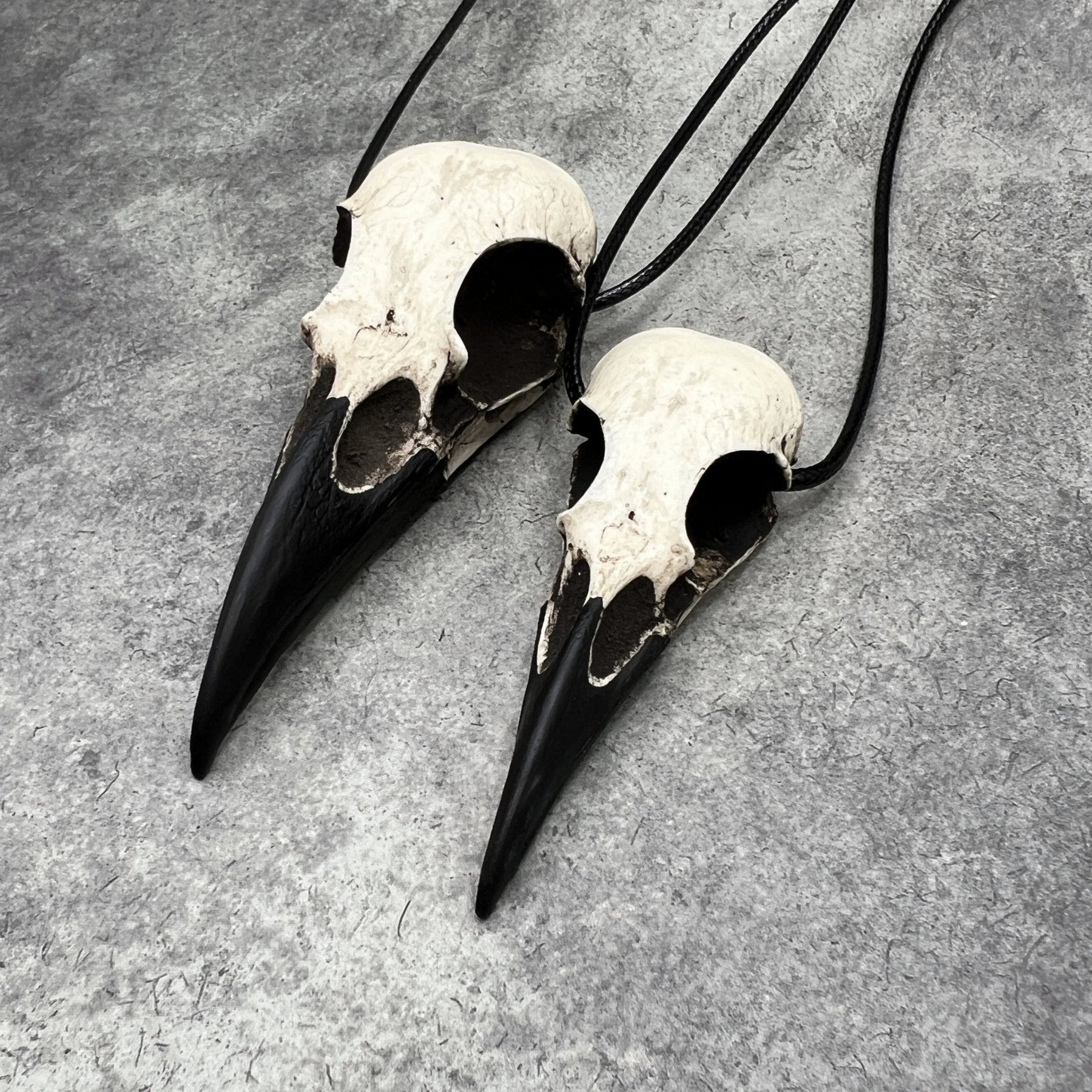 Large life size resin raven skull necklace pendant bone jewelry and a mini raven animal skull that are sold as a goth gift set for ren faire or festival outfits.