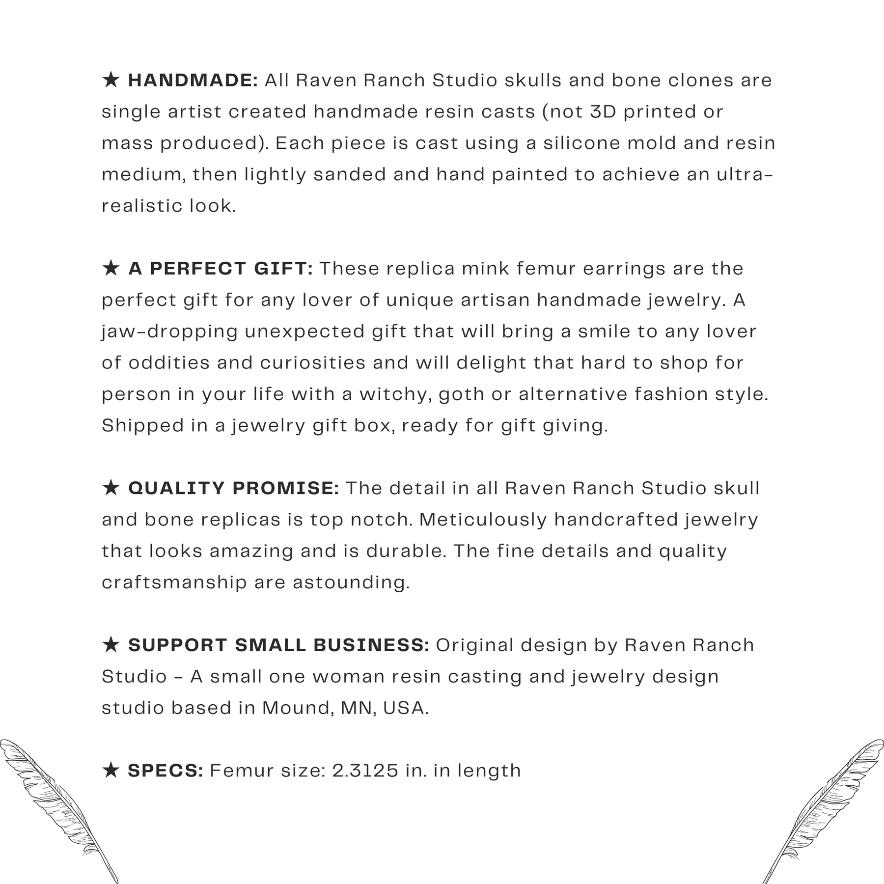 Infographic for resin femur bone dangle earrings that are handmade by Raven Ranch Studio, an expert resin skull artist.