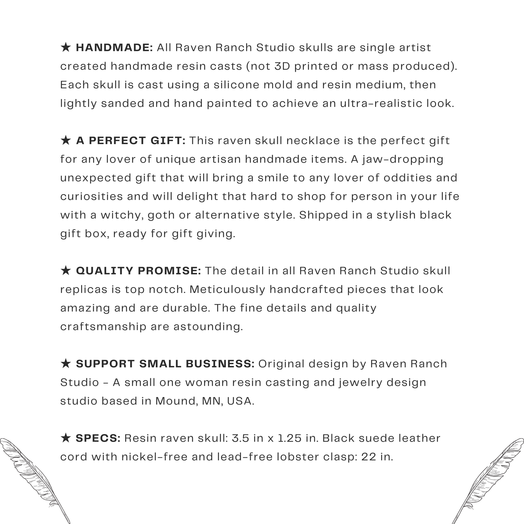 An infographic for a life size resin raven skull necklace handmade by a skull jewelry artist. The style of the necklace is alternative and witchy for gothic fashion or Halloween. The bone jewelry pendant is brown with a black beak and looks like a real animal skull.