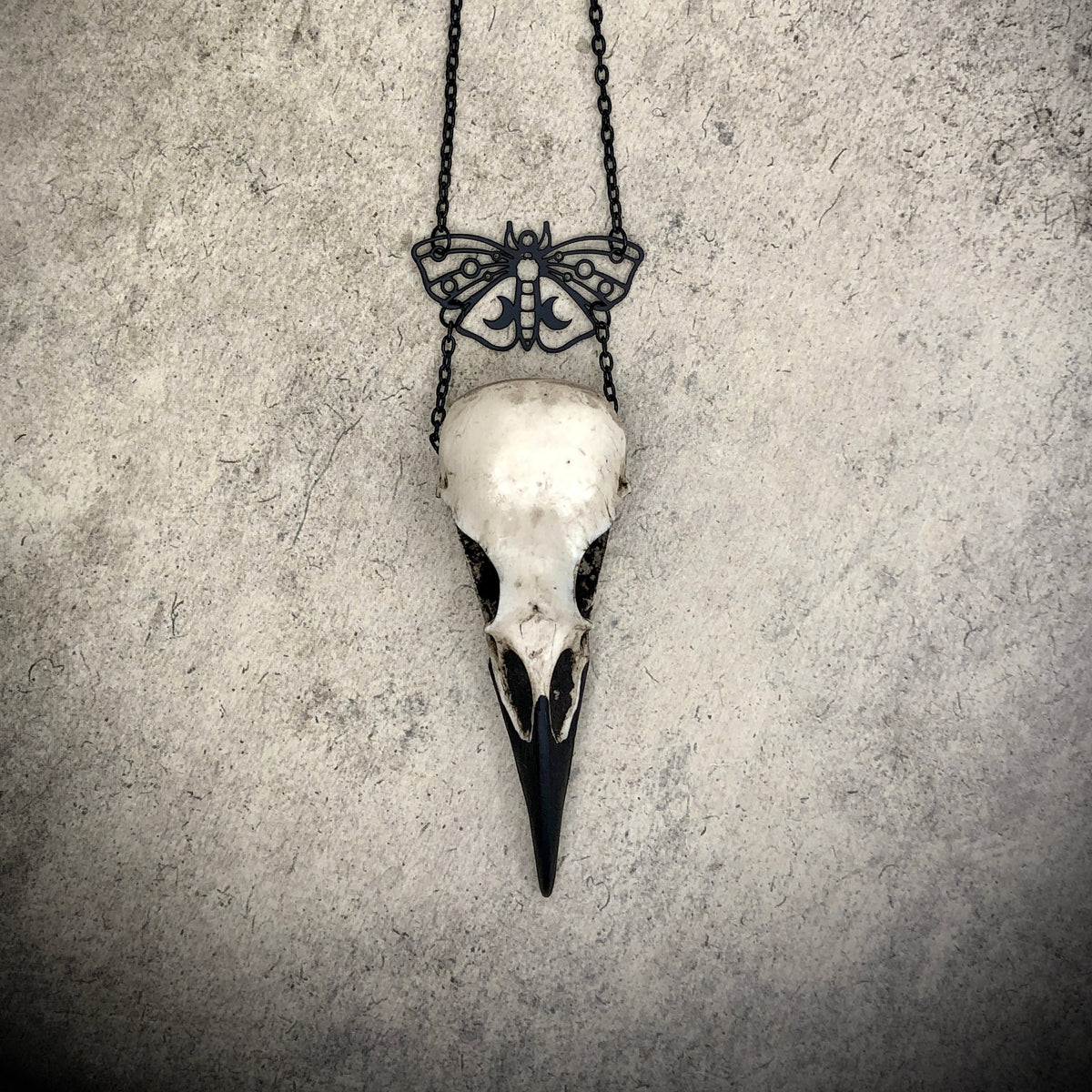 Gothic black death moth luna butterfly charm pendant and bone jewelry mini raven skull dangle pendant by artist making resin bird skulls.