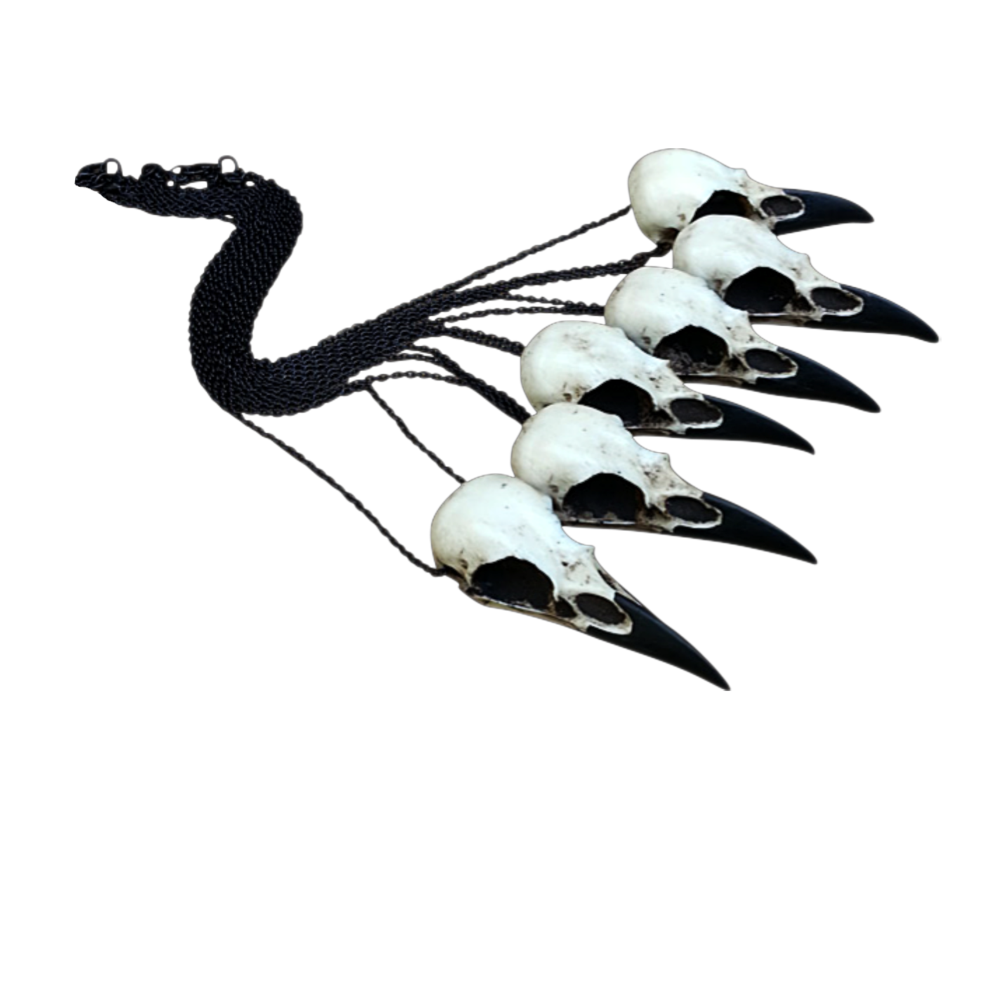 six raven skull bone jewelry necklaces with black chains made by Raven Ranch Studio