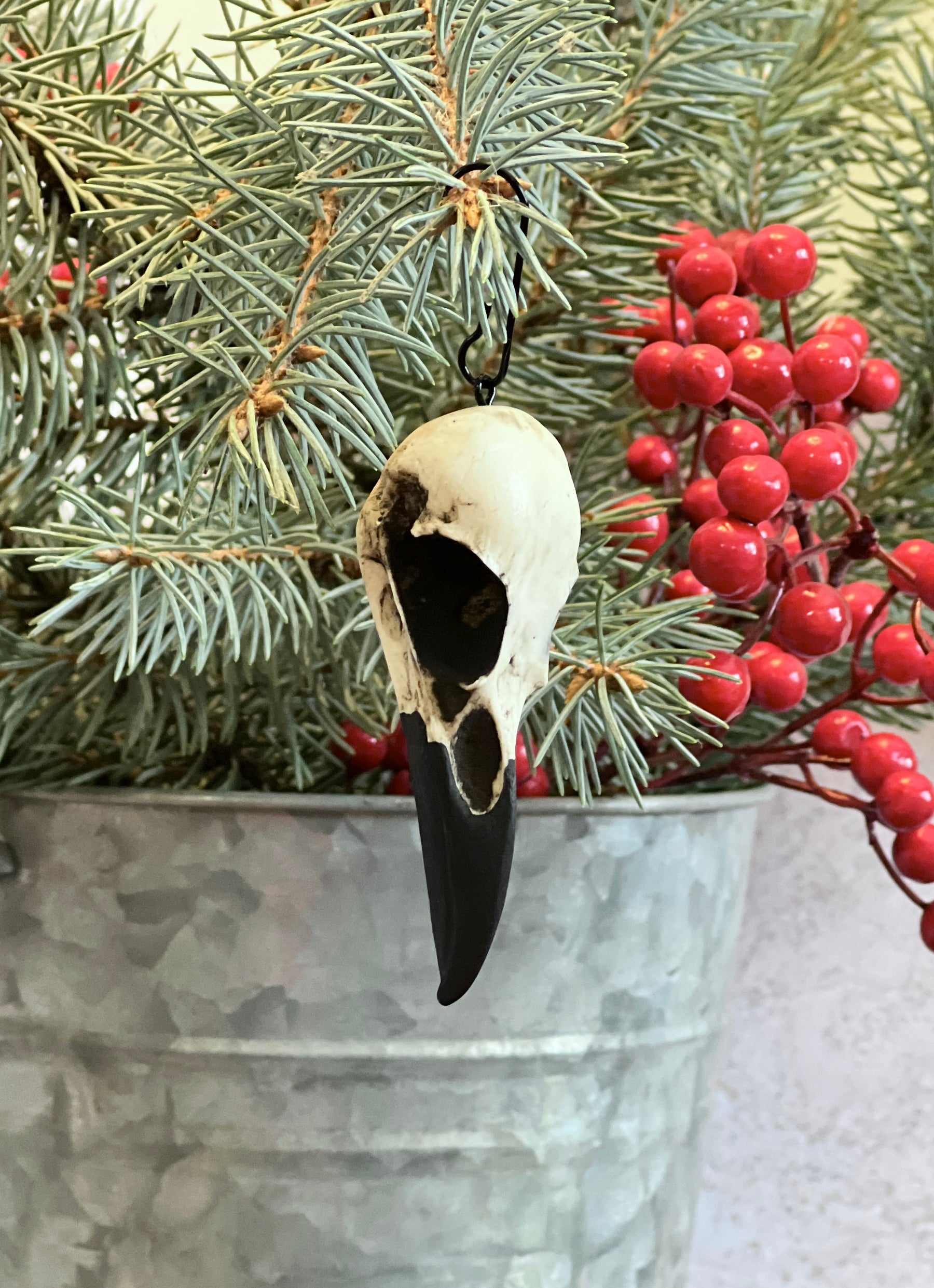 Gothic home decor raven skull holiday nightmare before Christmas tree ornament yule gift for pagans, wiccans, witches and goths.