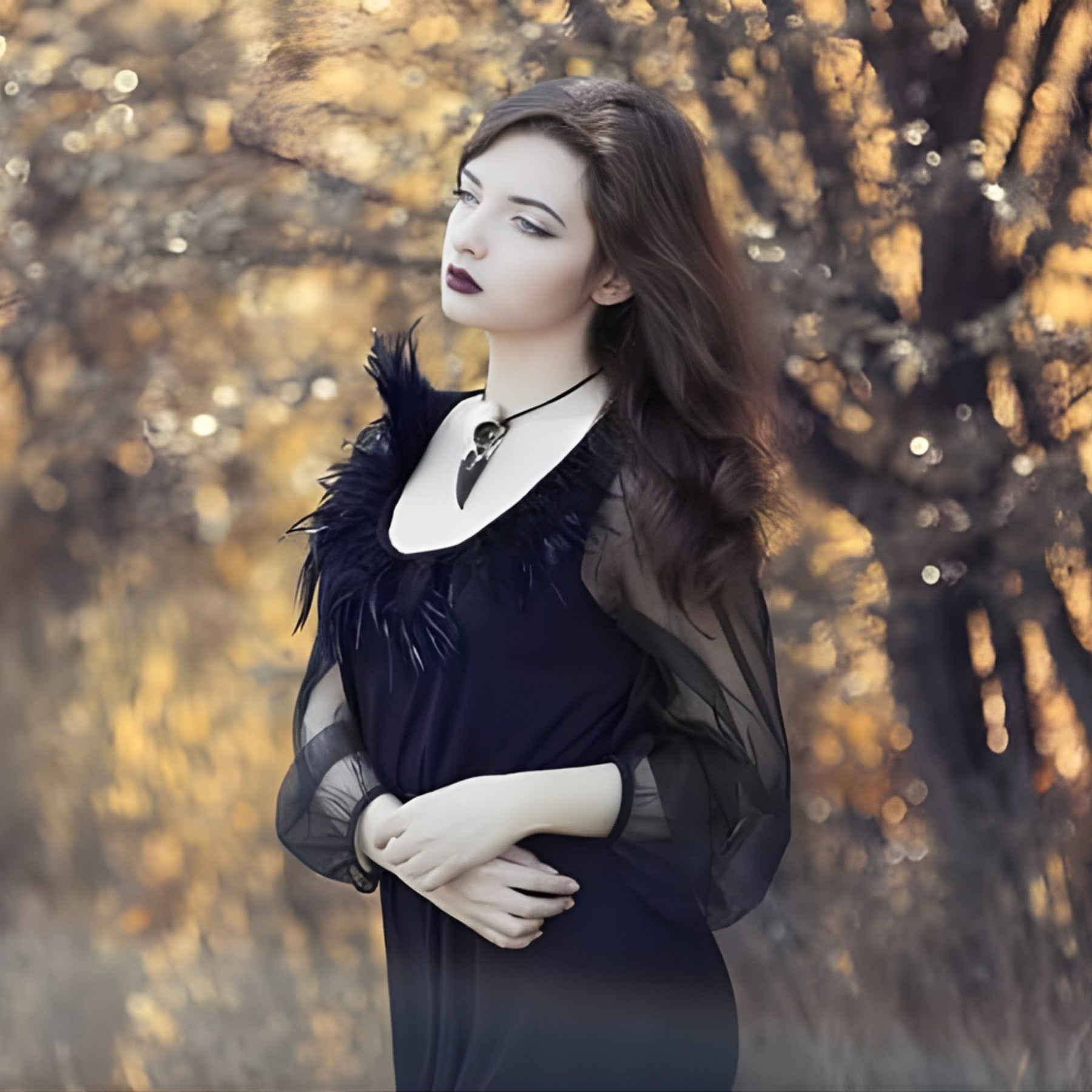 A life size resin raven skull necklace handmade by a skull jewelry artist and worn by gothic alt model. The style of the necklace is alternative and witchy for gothic fashion or Halloween. The bone jewelry pendant is brown with a black beak and looks like a real animal skull.