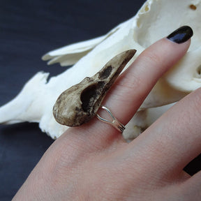Gothic bird skull witchy style resin raven skull ring. A miniature raven skull ring that is a bird skull jewelry accessory for goths, ren faire, festivals and halloween costumes. The skull has a patina aged finish.