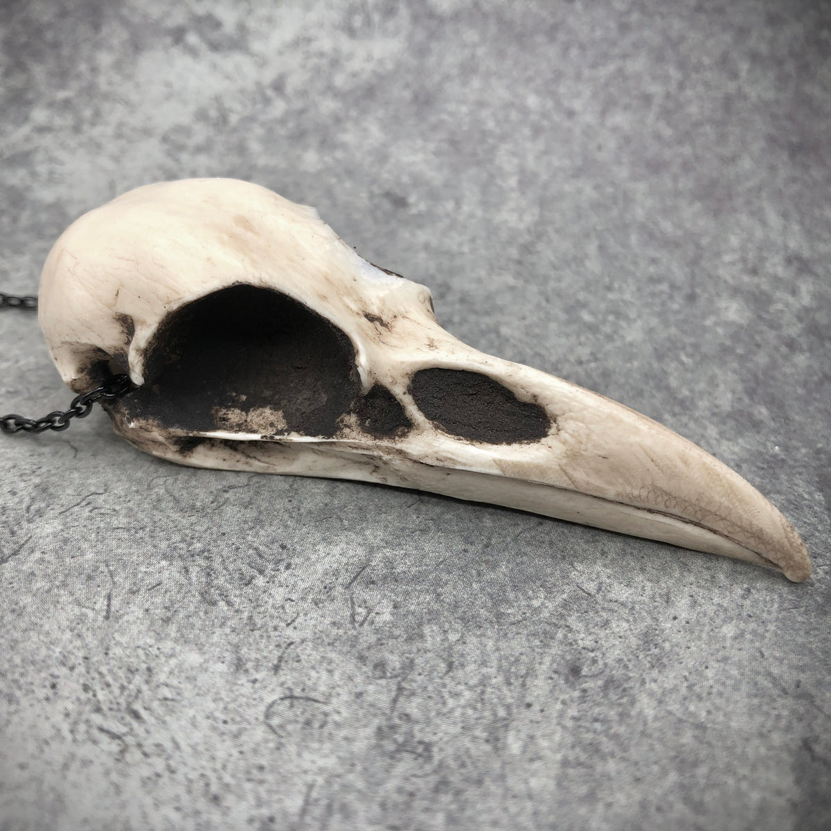 Aged patina bird skull necklace bone raven skull jewelry