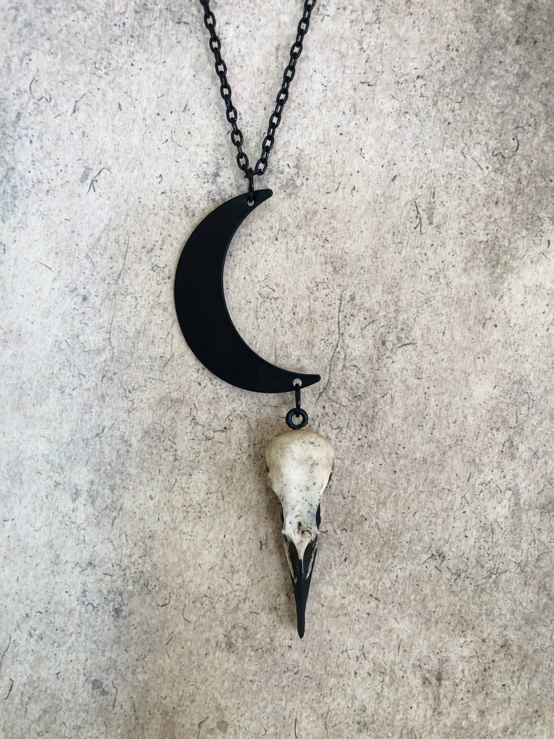 petite goth charm jewelry featuring bird skull replica raven bone and a black crescent moon lunar pendant necklace.