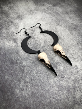 celestial gift idea luna waxing moon crescent and bird skull dangle earrings.
