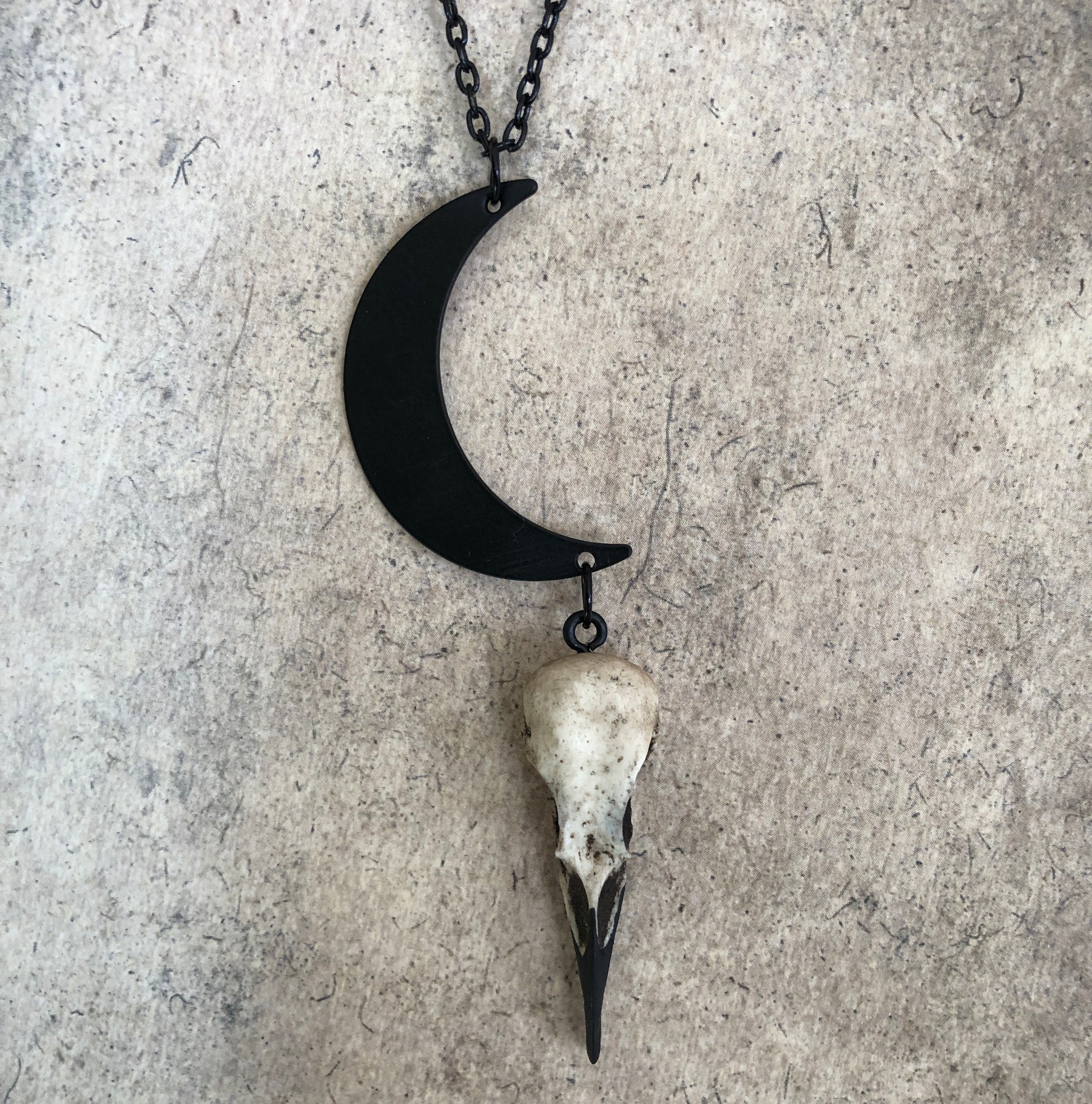 Close up of Crescent moon charm pendant and bone jewelry mini resin raven skull dangle pendant with a black chain.