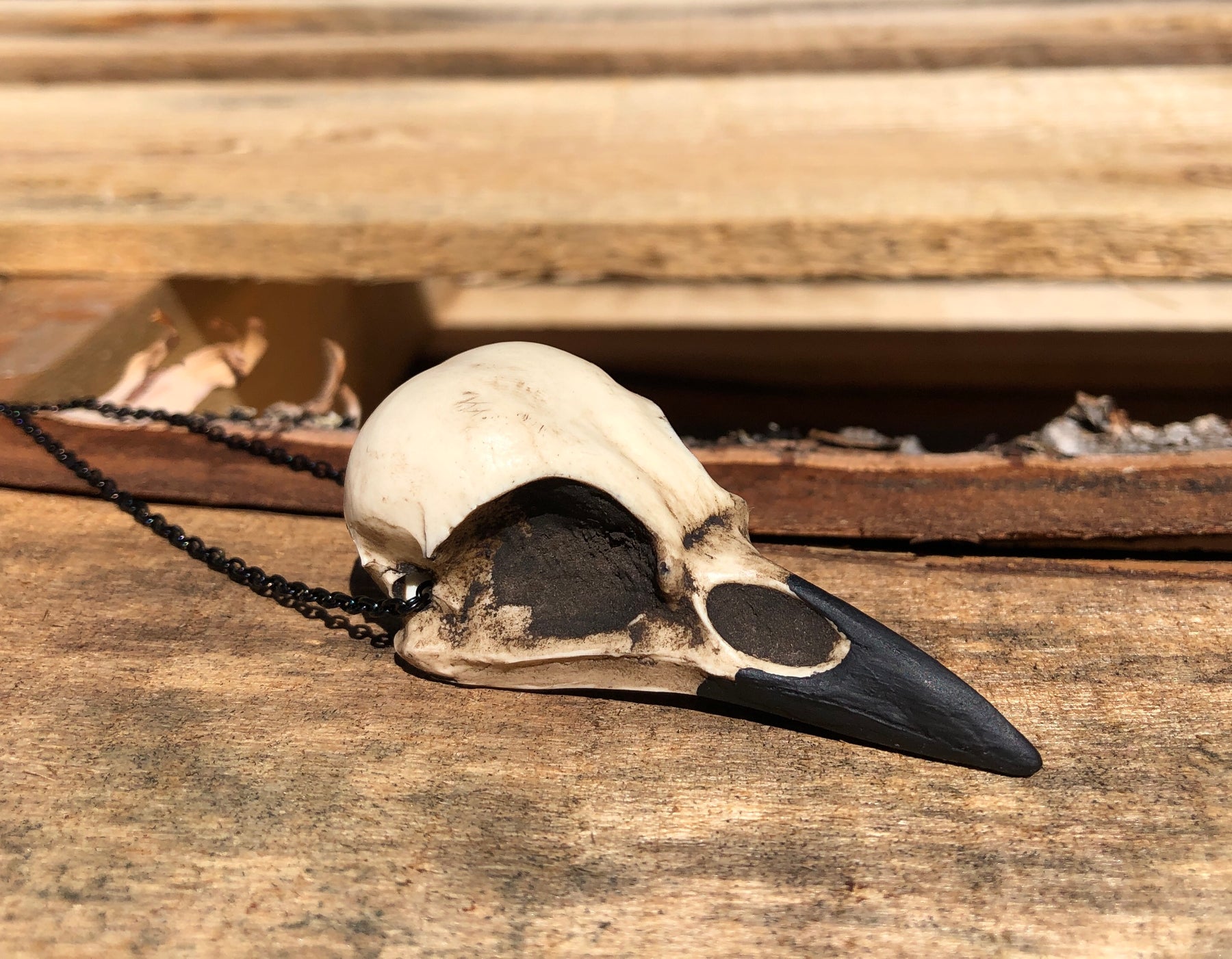 Right side view of a magpie crow skull necklace bird skull jewelry for witchy women, a creepy goth Halloween accessory.