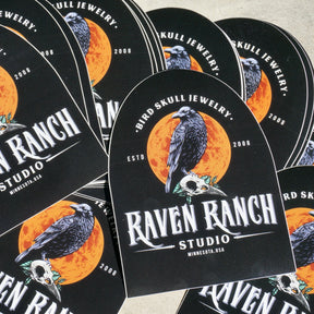 Raven Full Moon Vinyl Sticker, Raven Ranch Studio Artist Logo Bird Skull Jewelry Brand, Support Goth, Alternative Dark Art.