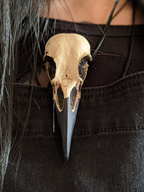 Dirty creepy raven bone jewelry pendant bird skull necklace close up front view.