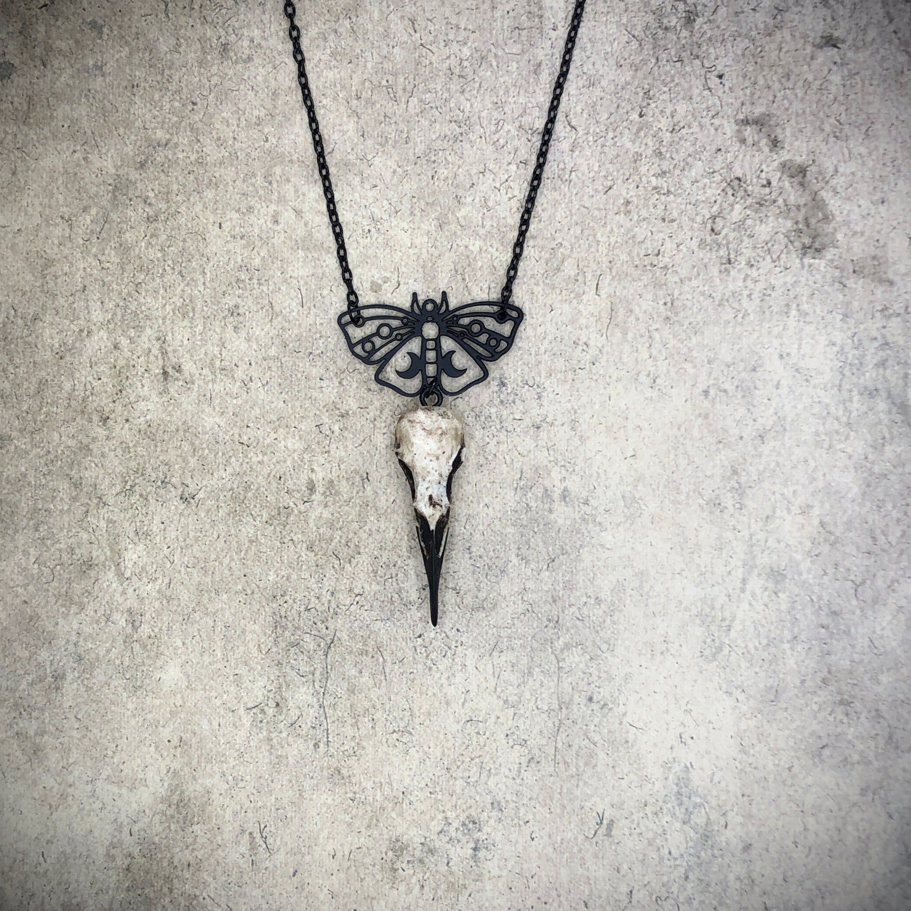 Luna moth lunar butterfly charm pendant and bone jewelry mini raven skull dangle pendant by artist making resin bird skulls.
