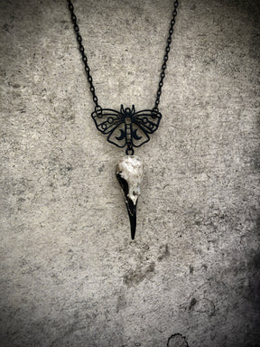 Death moth lunar butterfly charm pendant and bone jewelry mini raven skull dangle pendant by artist making resin bird skulls.