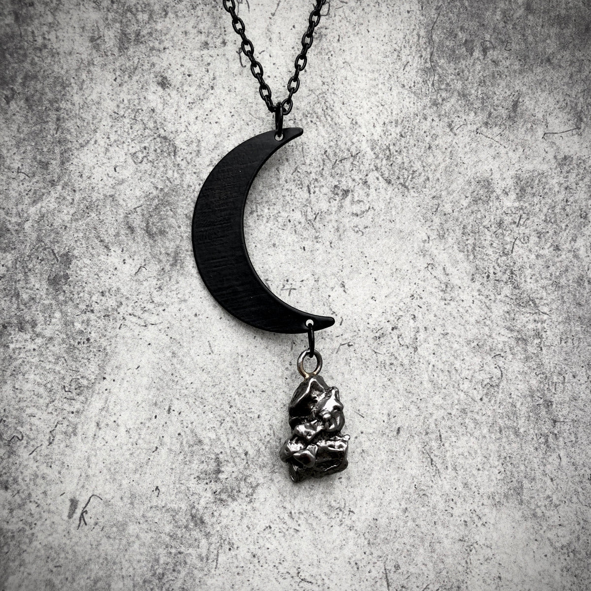 Crescent Moon Necklace with Meteorite, Genuine Space Fragment Waning Moon Lunar Necklace Campo Del Cielo Iron Pendant.