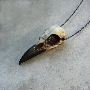 View of the mini resin raven skull necklace pendant bone jewelry that comes with the Duo set.