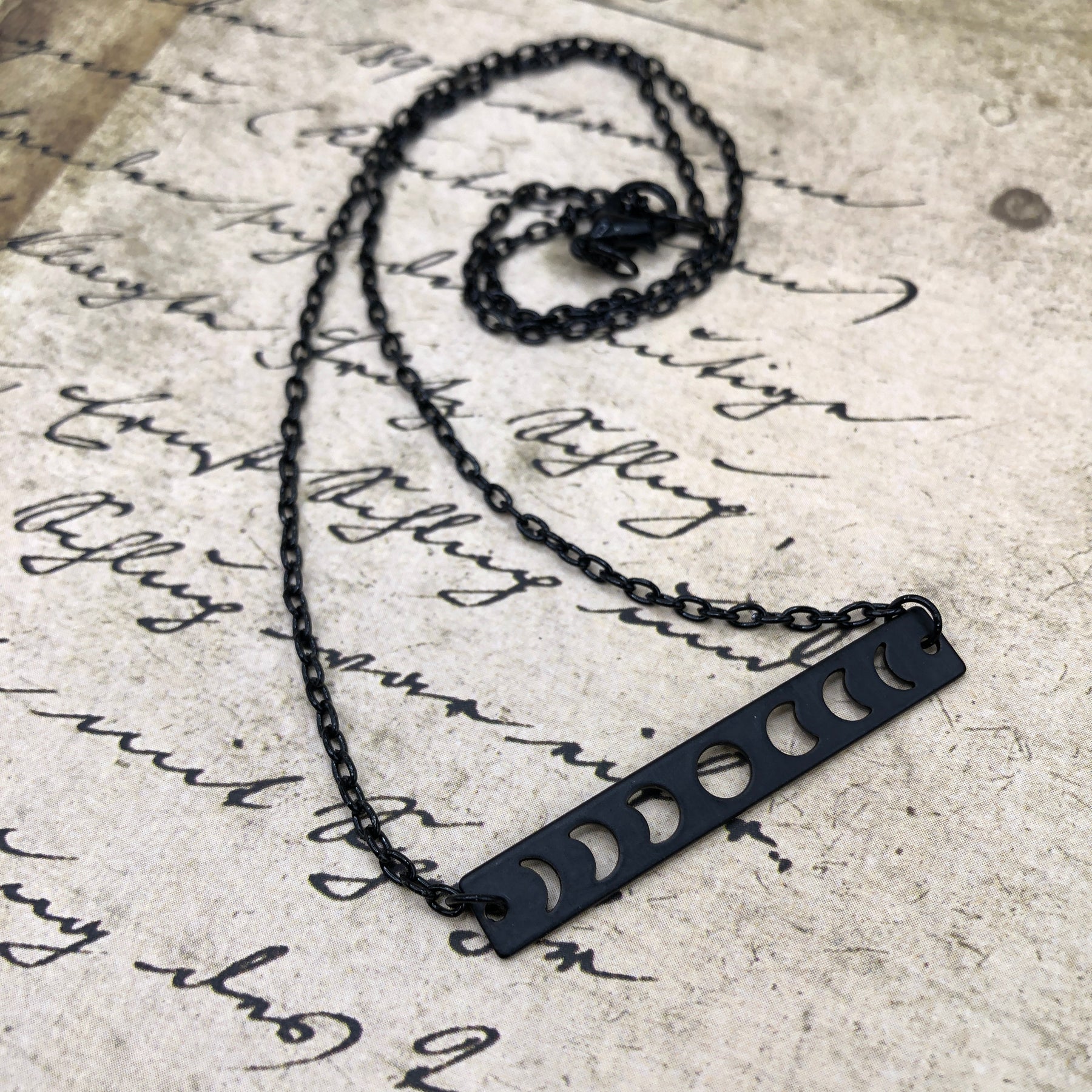 Moon Phase Horizontal Bar Necklace, Lunar Crescent Moon Jewelry Witch Goth Celestial Waxing, Waning, Full Moon Phases.