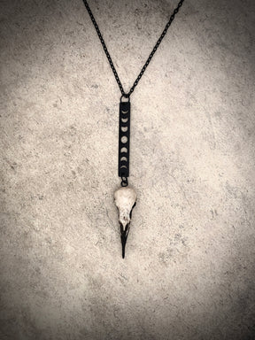 Luna lunar witchy gift moon phase vertical bar charm pendant and bone jewelry mini resin raven bird skull dangle pendant.