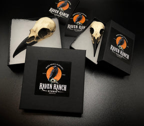 Raven Ranch Studio branded gift boxes that hold raven skull necklaces, bone jewelry, viking pendants and bird skull jewelry.