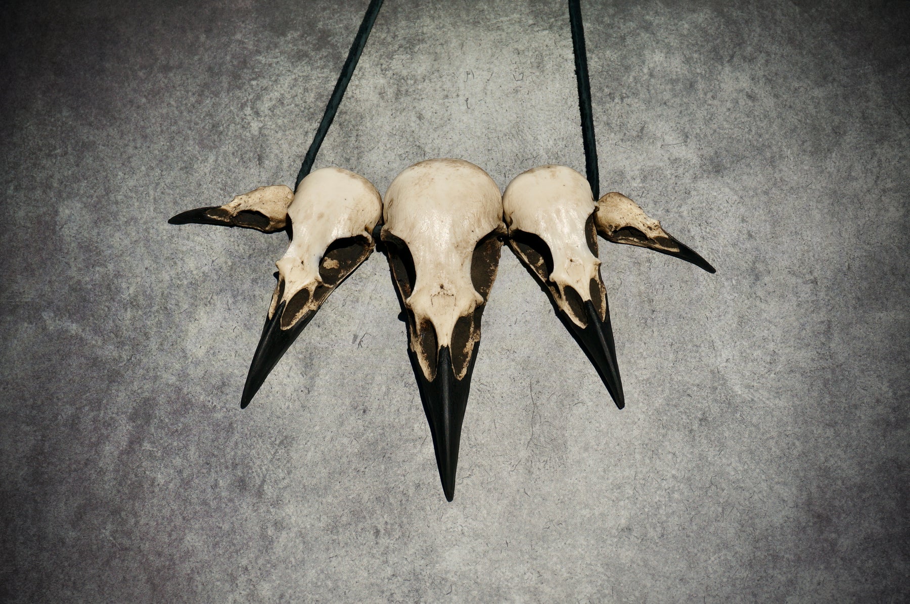 Halloween statement Bone collector bird skull raven skull necklace pendant made for bone jewelry goths. The bib necklace features five skulls.
