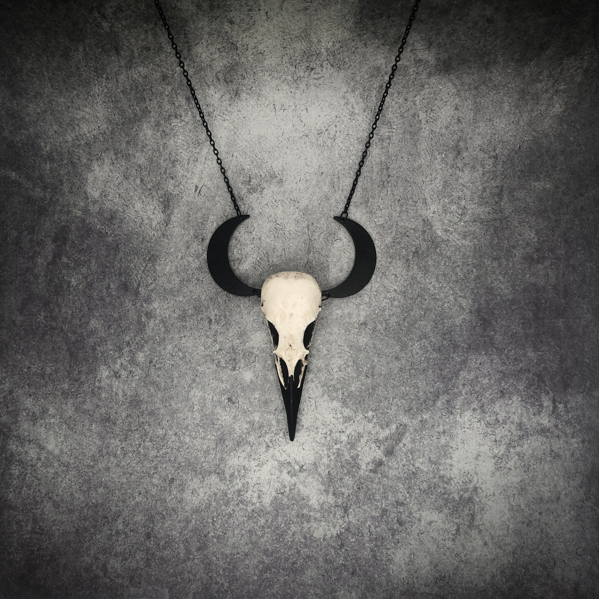 Animal pagan horn style crescent moon raven goth skull charm lunar necklace and mini resin bird skull.