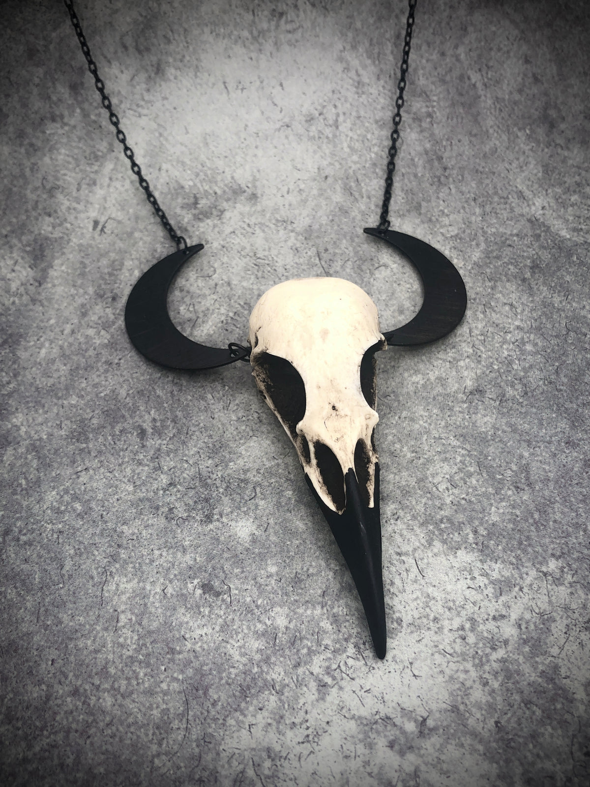 Animal pagan crescent moon raven goth skull charm lunar necklace and mini resin bird skull.
