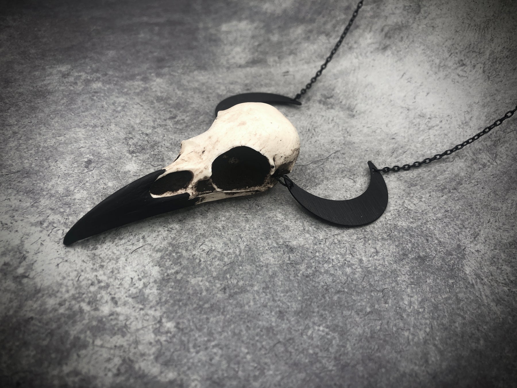 Witchy gift idea Animal witchy horn style crescent moon raven goth skull charm lunar necklace and mini resin bird skull.