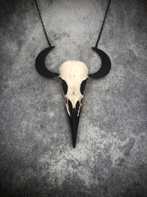 Bone jewelry crescent waxing waning moon raven goth skull charm lunar necklace and mini resin bird skull.