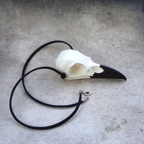 Large life size natural white bone color raven skull necklace pendant with a black suede cord for anyone looking for taxidermy or bone jewelry.
